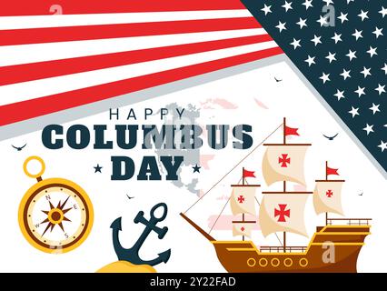 Happy Columbus Day vector illustration featuring a National USA Holiday, Showcasing a Ship and American Flag in a Flat Style Cartoon Design Stock Vector