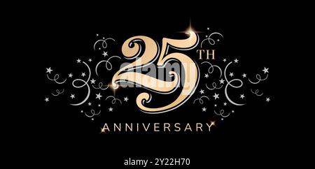 25th anniversary logo with golden color and silver stars confetti isolated black backgrounds for greeting cards, invitations, Wedding anniversary Stock Vector