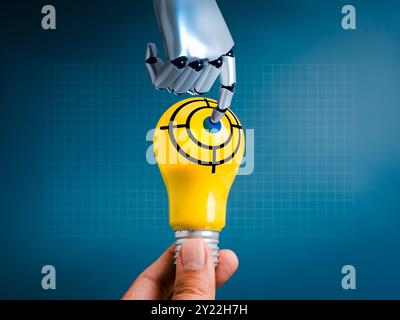 Generative AI, machine learning technology, innovation, creative trends and idea concept. Robot hand touch on target icon on bright yellow light bulb, Stock Photo