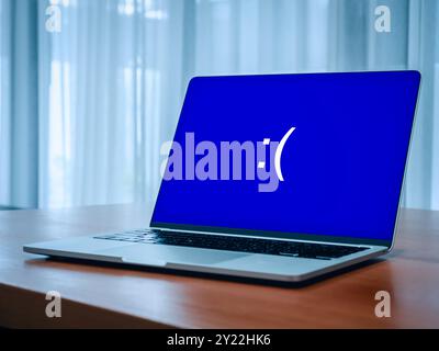 System error concept. Blue screen of death or BSOD showing, big sad emotion face, emoticon on blue display on laptop on table while problem or somethi Stock Photo