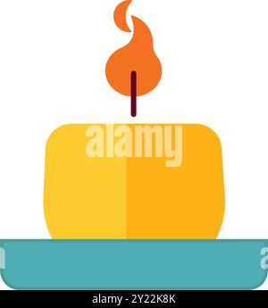Candle icon. Colorful burning candle in blue candlestick for party, wedding, birthday, mourning, lighting, fragrance on a white Stock Vector