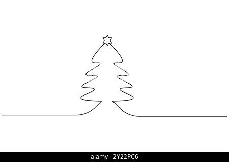 Christmas tree continuous one line drawing and isolated single outline vector icon Stock Vector