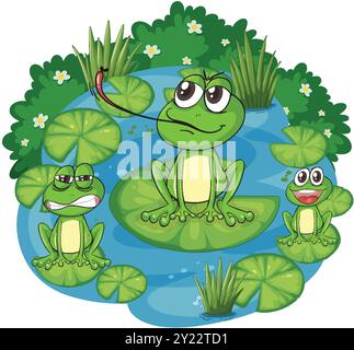 Three frogs sitting on lily pads Stock Vector