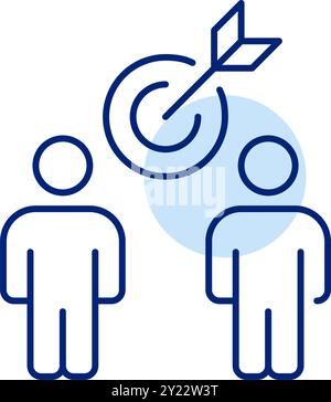 Two users with arrow hitting bullseye. Achieving collective success. Goal-oriented strategies. Pixel perfect, editable stroke vector icon Stock Vector