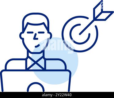 Man working on his laptop under a target being hit by an arrow. Success-driven approach, achieving professional success through targeted productivity. Stock Vector