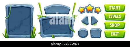 Jungle game ui elements with stone texture and green liana vines and tropical plant leaves. Cartoon vector illustration set of empty signboard and menu plaque, stars and buttons for videogame design. Stock Vector