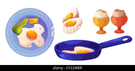 Chicken egg dishes set isolated on white background. Vector cartoon illustration of fried, boiled eggs on frying pan, plate with avocado and cheese, cut in halves with yellow yolk, healthy nutrition Stock Vector