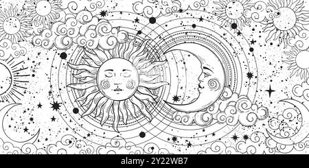 Beautiful sky coloring book for adults with sun and moon, line drawing, horoscope vector banner, print for vintage decor. Modern illustration on white Stock Vector
