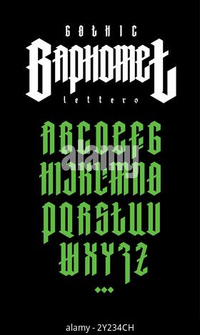Gothic style alphabet. Vector. Letters and symbols on a black background. Calligraphy with a green marker. Medieval latin letters. Elegant font for ta Stock Vector