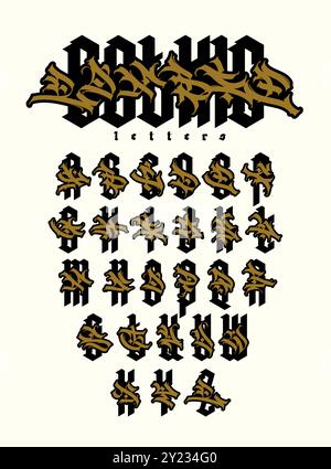 Graffiti style, English alphabet. Vector. Graffiti letters, tags and medieval Latin letters. Signs and symbols for design. Calligraphy, lettering and Stock Vector