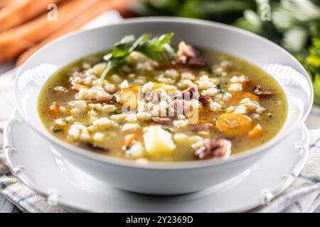 Soup made from barley groats, smoked pork neck, potatoes and root vegetables. Stock Photo