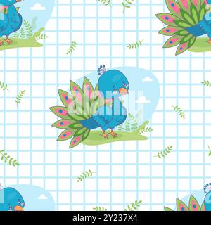 Seamless pattern with cute peacock on checkered white background. Funny cartoon kawaii bird. Vector illustration. Kids collection Stock Vector