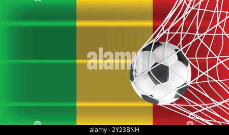 Soccer or Football ball in Goal Net Isolated on Mali Shaded Flag, Sports Accessory Equipment for Playing Game, Championship and Competition Design Stock Vector
