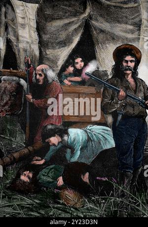 US. Far West. Wagon train attacked by native americans. 19th century. Engraving. Color Stock Photo