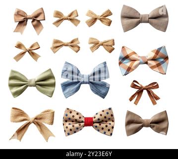 Collection of handmade romantic ribbon bow tie and linen tape bow. Set of of eco-friendly decor from recycled material. Isolated on white background. Stock Photo