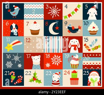 Christmas advent calendar with cute animals and birds. Cozy cartoon Christmas advent calendar in retro style. Set of winter holiday xmas tags with num Stock Photo