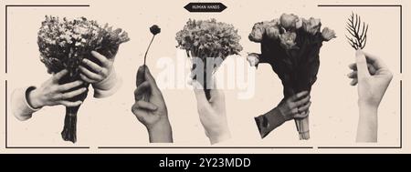 Set of human hands with bouquet of flowers with retro halftone effect. Vector elements in dotted pop art style Stock Vector