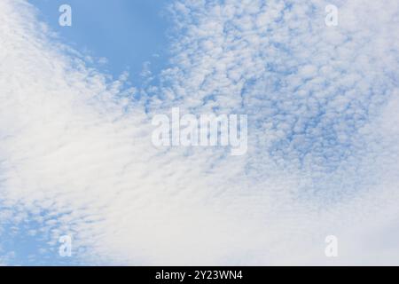Blue sky and white spindrift clouds background, texture, cloudscape background Stock Photo
