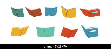 Different books for students flat color vector icon set. Colorful textbooks in hardcover for education at school illustration pack on white Stock Vector