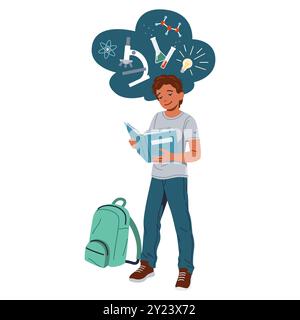 Smiling boy studies chemistry reading textbook flat color vector illustration. Teenager reads book standing near backpack on floor icon on white Stock Vector
