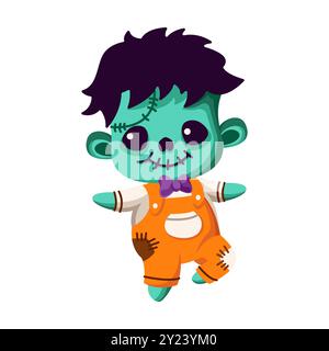 Dancing zombie with bow tie flat color vector illustration. Baby living dead monster Halloween character icon on white background Stock Vector