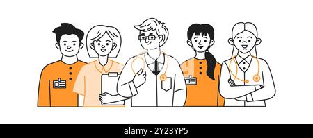 Medical staff team doodle line and color illustration. Positive doctors and nurses in hospital linear sketch vector people composition Stock Vector