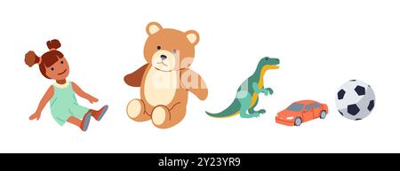 Children toys for boys and girls items flat color vector icon set. Cute figurines from kindergarten playroom objects illustration pack on white Stock Vector