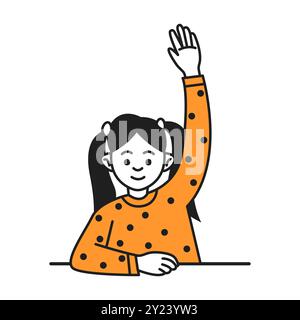 Girl student raising hand at desk doodle line and color illustration. Smart schoolgirl with ponytails working at lesson linear sketch vector person Stock Vector