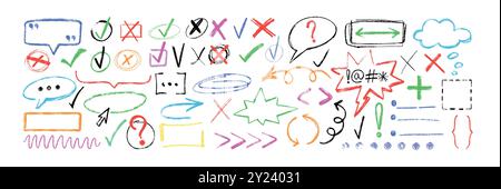 Hand drawn crayon emphasis, highlight oval and rectangle frames. Chalk pencil arrow pointer, speech bubble, strokes, checkmark, punctuation marks. Scribble charcoal text box, lines, underline elements Stock Vector