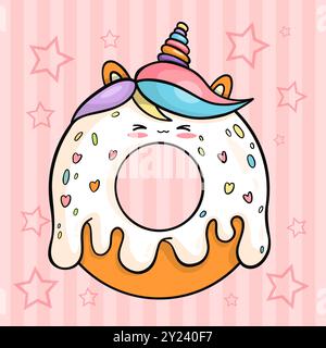 Funny sweet donut in shape of unicorn with drops white icing. Cute delicious pastries cartoon kawaii character on pink decorative background. Vector i Stock Vector