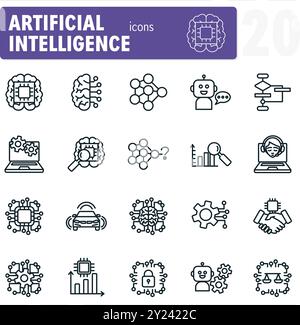 Set of artificial intelligence line icons showing machine learning Stock Vector