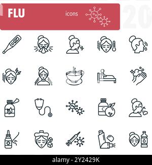 Twenty vector icons representing symptoms, prevention and treatment of the seasonal flu Stock Vector