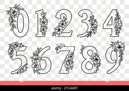 Prime numbers from zero to one are decorated with spring flowers to teach children how to count. Numbers for design of price tags in florist shop or decorations for book about botany. Hand drawn. Stock Vector