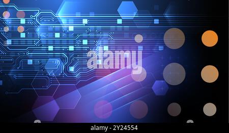 Abstract technological illustration with neon lights on a dark blue gradient background. This vector was hand drawn. Stock Vector