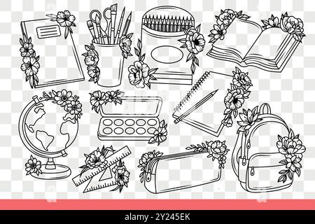 Subjects for schoolchildren studying in primary school and preparing for first of september. Notebooks and textbooks for schoolchildren near watercolor paints and globe or backpack. Hand drawn. Stock Vector