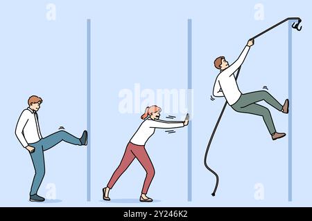 Business people overcome challenge by acting differently in crisis situation to solve problems. Challenge and overcoming difficulties in life for office employees who want to move forward Stock Vector