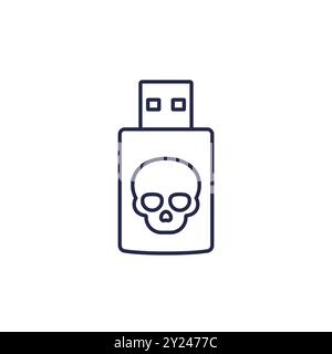 malware on usb drive line icon on white Stock Vector