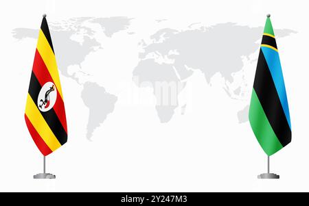 Uganda and Zanzibar flags for official meeting against background of world map. Stock Vector