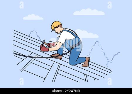 Man builder installs shingles on roof of house, using hammer and nails to securely fasten them. Guy, repair and construction specialist, stands on roof, nailing boards to frame of building. Stock Vector