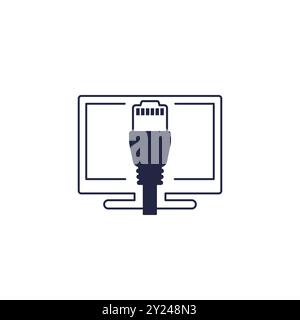 ethernet cable and computer icon on white Stock Vector