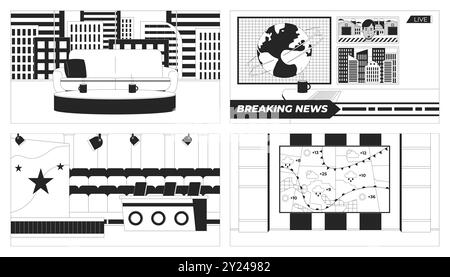 Different television studio setup black and white line illustrations set Stock Vector