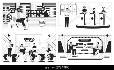 Entertainment TV shows black and white line illustrations set Stock Vector