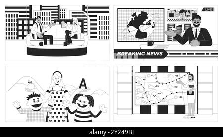 TV news and shows black and white line illustrations set Stock Vector