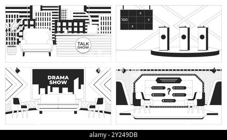 Entertainment TV shows studio setups black and white line illustrations set Stock Vector
