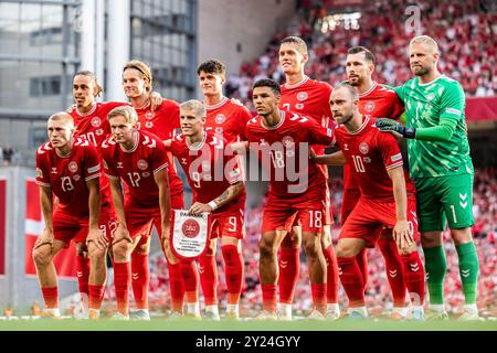 Copenhagen, Denmark. 08th Sep, 2024. The starting-11 of Denmark for the UEFA Nations League match between Denmark and Serbia at Parken in Copenhagen. Credit: Gonzales Photo/Alamy Live News Stock Photo