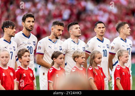 Copenhagen, Denmark. 08th Sep, 2024. The players of Serbia line up for the UEFA Nations League match between Denmark and Serbia at Parken in Copenhagen. Credit: Gonzales Photo/Alamy Live News Stock Photo