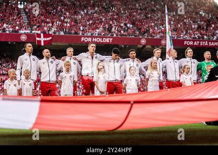 Copenhagen, Denmark. 08th Sep, 2024. The players of Denmark line up for the UEFA Nations League match between Denmark and Serbia at Parken in Copenhagen. Credit: Gonzales Photo/Alamy Live News Stock Photo