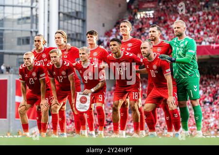 Copenhagen, Denmark. 08th Sep, 2024. The starting-11 of Denmark for the UEFA Nations League match between Denmark and Serbia at Parken in Copenhagen. Credit: Gonzales Photo/Alamy Live News Stock Photo