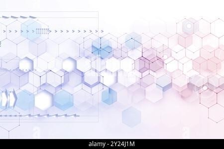 Geometric shapes in white and blue color.Futuristic circuit high computer net business background.Abstract technology and digital hi tech hexagons. Stock Photo