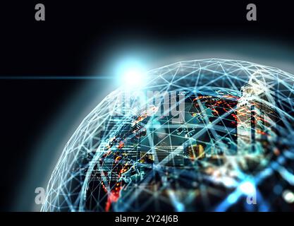 World map and city lights. Global social network and internet concept.Futuristic background with planet Earth and space.3d illustration. Stock Photo